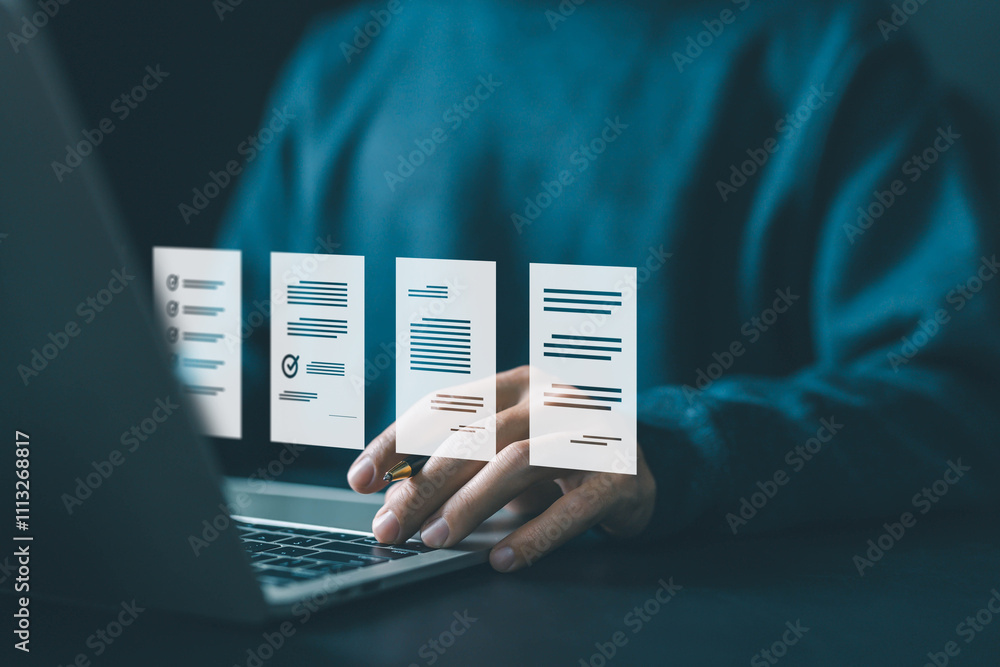 Poster manages document data on a laptop. document files digital electronic, business paperless. software f