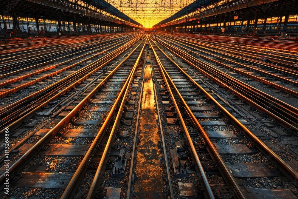 Poster a vibrant sunset casts golden rays over a railway yard, showcasing an array of tracks converging tow