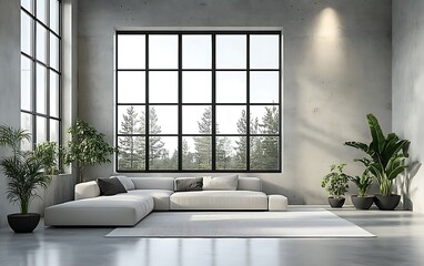 Fototapeta premium Modern living room with large window, concrete walls, sectional sofa, and potted plants.