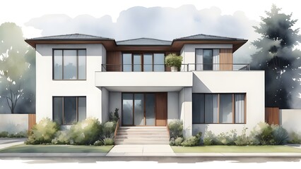 Fototapeta premium 一戸建て住宅の水彩画風の外観パース