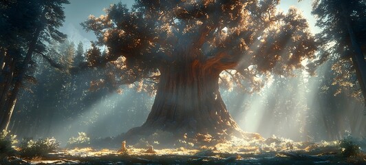 Majestic ancient tree in a serene forest, surrounded by ethereal rays of light. The scene evokes a sense of peace and wonder in a lush, vibrant landscape.