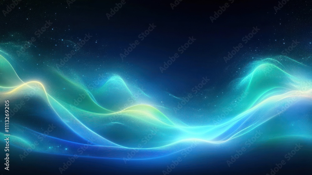 Poster abstract digital background with flowing waves of light in blue green glowing neon and dynamic motio