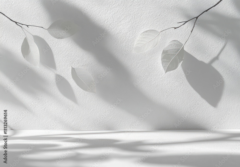 Poster minimalist studio background with soft shadows and leaf patterns on white surface