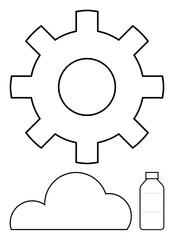 Gear with circular center gear, cloud shape, and water bottle outline in black. Ideal for industry, cloud computing, technology, manufacturing, environment hydration sustainability. Line metaphor