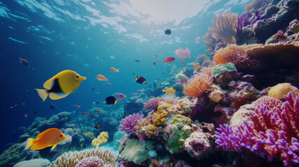 Obraz premium Tropical sea underwater fishes on coral reef. Aquarium oceanarium wildlife colorful marine panorama landscape nature snorkeling diving