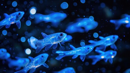 A school of bioluminescent fish creating a shimmering light display in the pitch-black deep sea