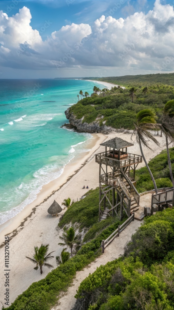 Poster stunning view of playa delfines with lifeguard tower and serene beach setting. generative ai