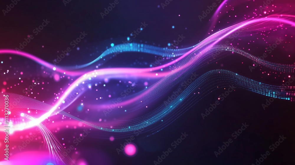 Poster vibrant abstract patterns with glowing waves and sparkles in a dark background