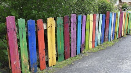 Fototapeta premium Vibrant Rainbow Colored Wooden Fence Along a Green Pathway