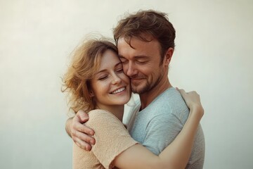 Fototapeta premium Cuddling Senior Couple Laughing Happy Enjoying Affectionate Moments Together Isolated on White Wall