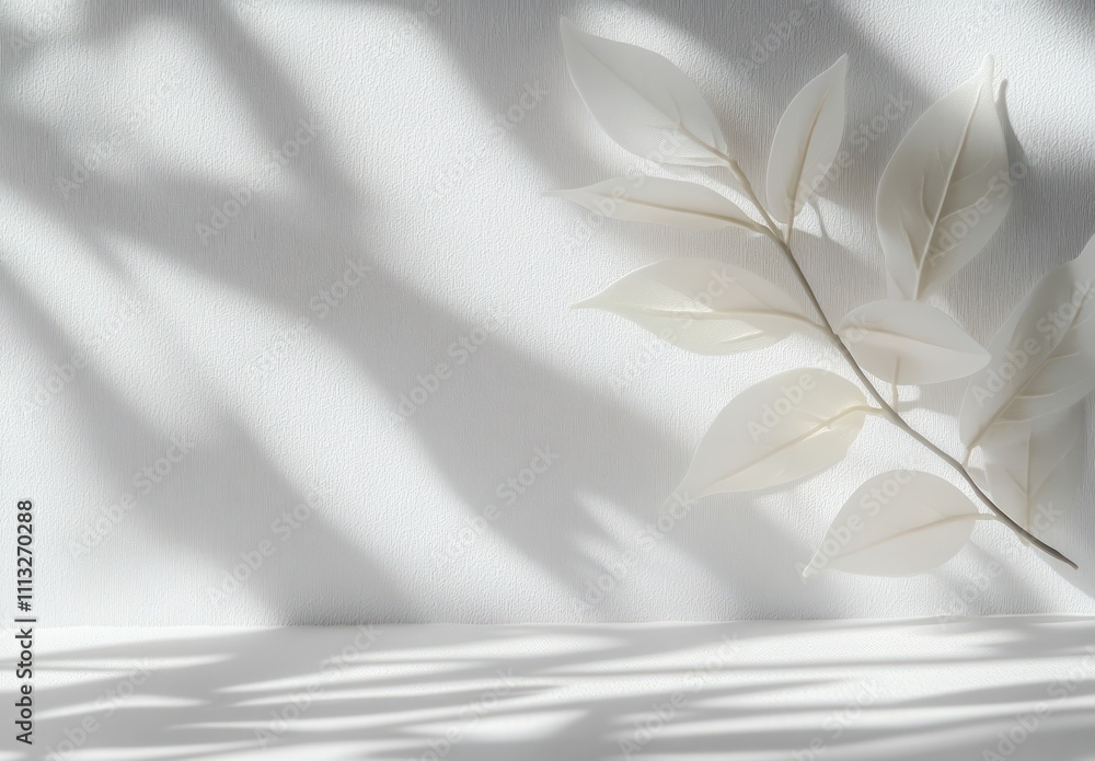 Poster minimalist studio background with soft shadows and gentle leaf patterns on textured white surface