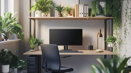 Modern Home Office with Green Plants and Minimalist Design
