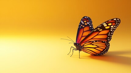 Fototapeta premium A vibrant butterfly resting on a smooth yellow surface, showcasing its colorful wings.