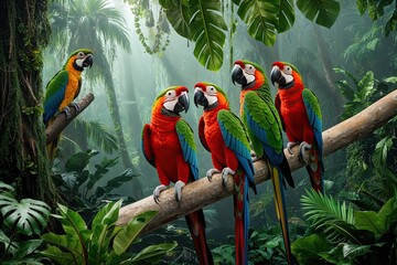 Obraz premium Vibrant Tropical Rainforest Featuring Colorful Parrots and Exotic Foliage