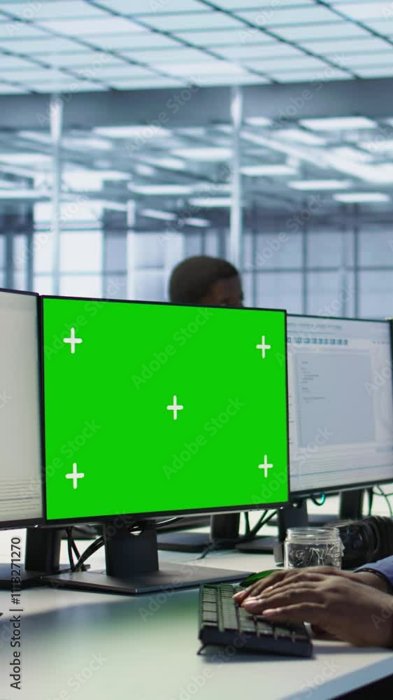 Poster vertical video data center computer scientist using mockup monitor, configuring and troubleshooting 