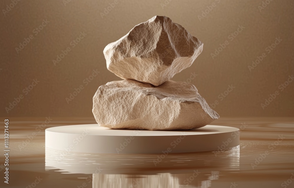 Poster minimalist stone display on brown background with reflective surface