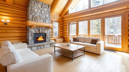 Rustic Mountain Cabin with Warm Lighting and Stone Decor