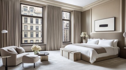 Fototapeta premium Modern minimalist bedroom design with large windows and elegant decor