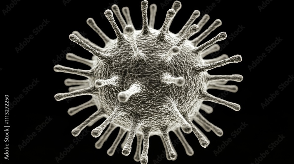 Poster detailed view of a virus structure showcasing surface spikes and intricate design under magnificatio