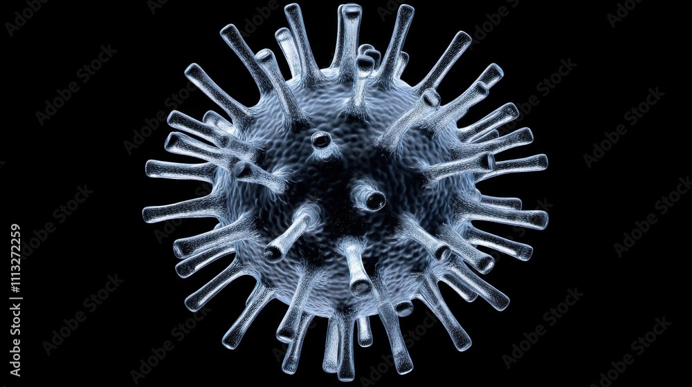 Poster microscopic view of a virus displaying its surface structure and spikes