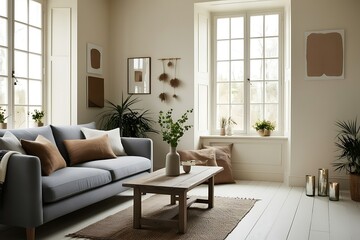 Calm living room interior with grey sofa, wooden coffee table, neutral tones, and natural light.