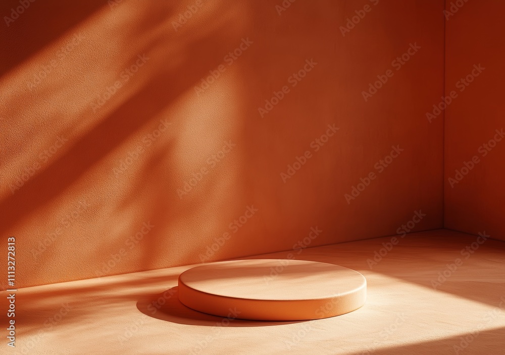 Poster minimalist 3d podium platform with orange background and leaf shadows for autumn beauty display