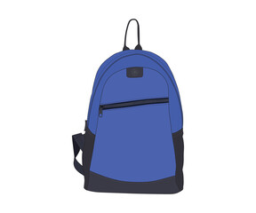 Blue backpack vector illustration isolated on white background, Front view of white textile backpack, Stylish blue school backpack, User friendly backpack, Vector design, clip art.
