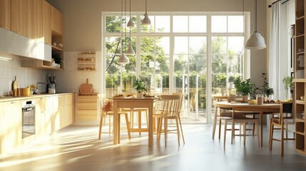 Sunlit kitchen with dining area and large window overlooking garden.
