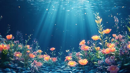 Naklejka premium An underwater scene filled with colorful flowers and gentle light rays.