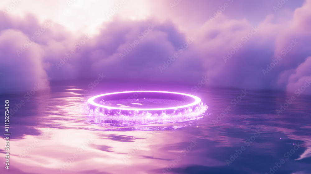 Poster neon circle frame with smoke on water surface. round glowing frame with magic light among soft cloud