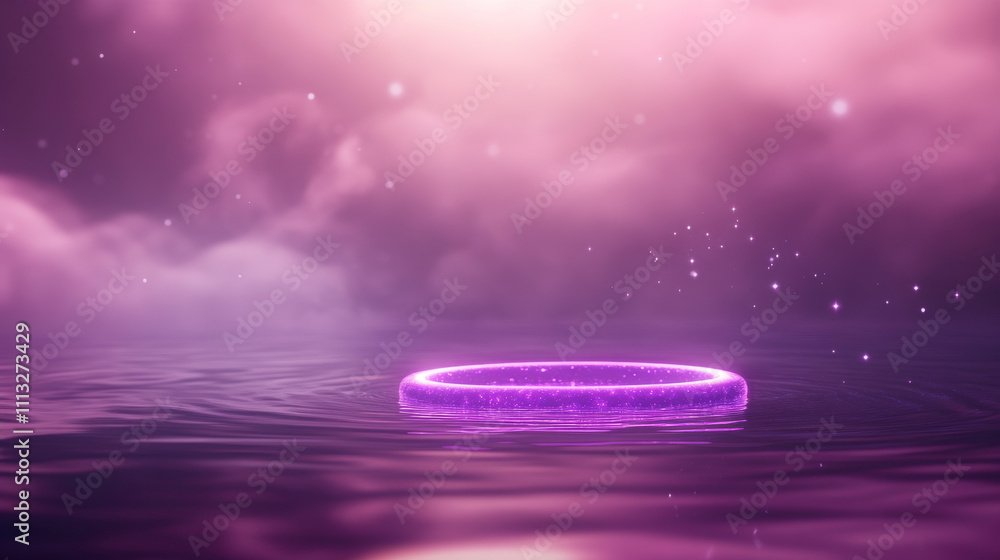 Poster neon circle frame with smoke on water surface. round glowing frame with magic light among soft cloud