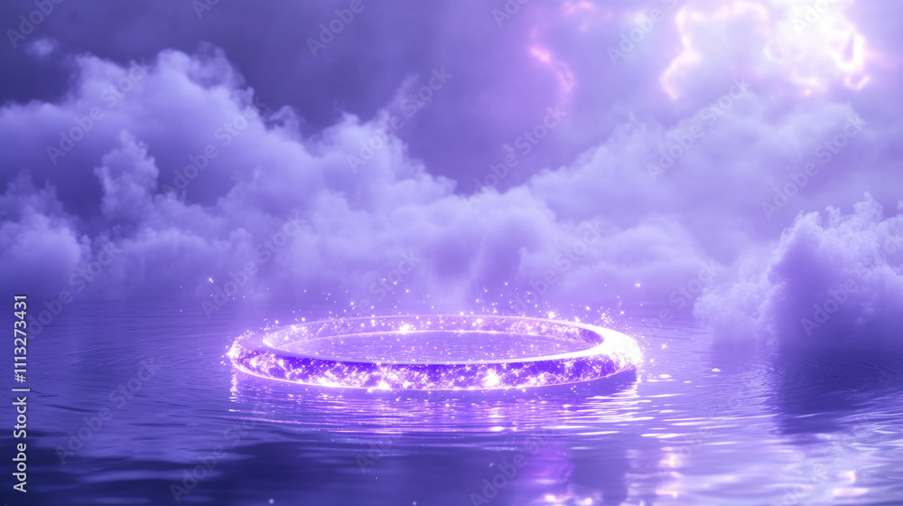 Poster neon circle frame with smoke on water surface. round glowing frame with magic light among soft cloud