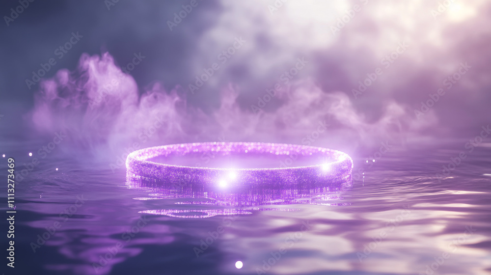Poster neon circle frame with smoke on water surface. round glowing frame with magic light among soft cloud