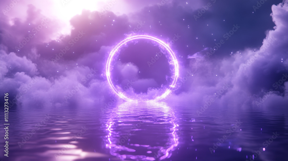 Poster neon circle frame with smoke on water surface. round glowing frame with magic light among soft cloud