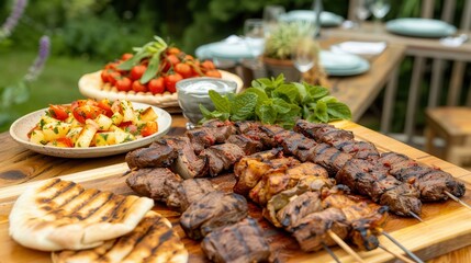 Beef kebab with fresh garnish satisfies. Grilled meats and fresh salads on a table