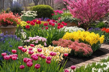 Vibrant Spring Garden Bursting with Colorful Blooms