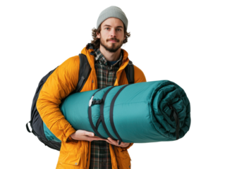 Man is holding a large green sleeping bag. He is wearing a yellow jacket and a hat
