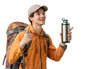 Man in an orange jacket is holding a water bottle and pointing to it. He is smiling and he is happy