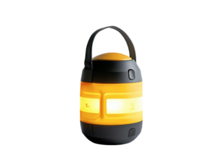 Yellow and black lantern sits on a white background. The lantern is bright and has a yellow handle