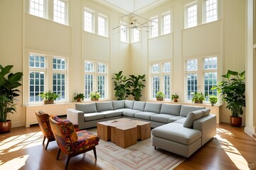 Fototapeta premium Sunlit living room with large windows, L-shaped sofa, coffee table, and potted plants.