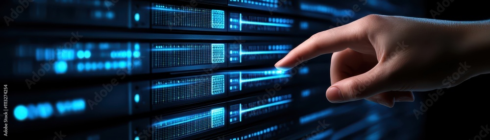 Poster hand managing server in data center, exploring network infrastructure and technology