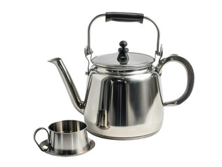 Silver tea kettle sits on a white background with a cup next to it. The kettle is large and shiny, and the cup is smaller and more delicate. Concept of warmth and comfort, as the tea kettle