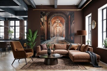 Fototapeta premium Stylish Urban Industrial Living Room Mockup Featuring Elegant Mural and Deep Brown Accents