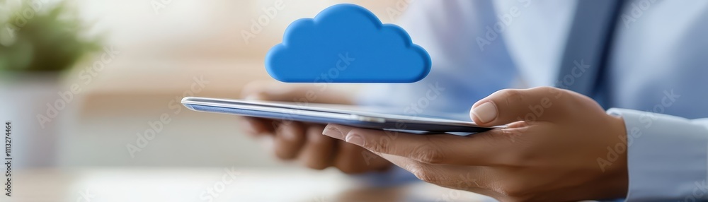Poster person using tablet for cloud computing access, mobile office and internet technology in digital age