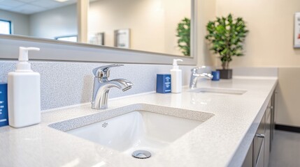 Fototapeta premium Modern Clean Bathroom Sink with Stylish Fixtures and Reflective Surfaces