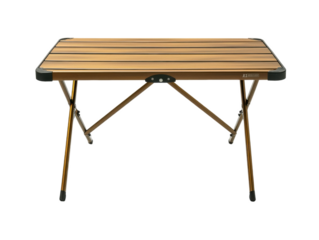 Wooden table with a black and white logo on it