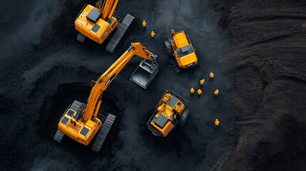 Fototapeta premium Aerial view of construction site with yellow machinery and workers