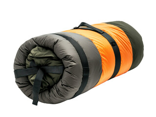 Large orange and gray sleeping bag with a black strap