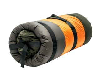 Large orange and gray sleeping bag with a black strap