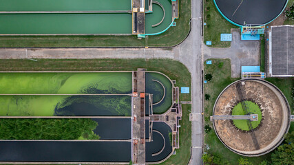 Aerial view of sewage water treatment plant, Purification process water cleaning facility...